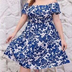 Floral Print Off Shoulder Dress Vacation Blue White Flowy Size Large